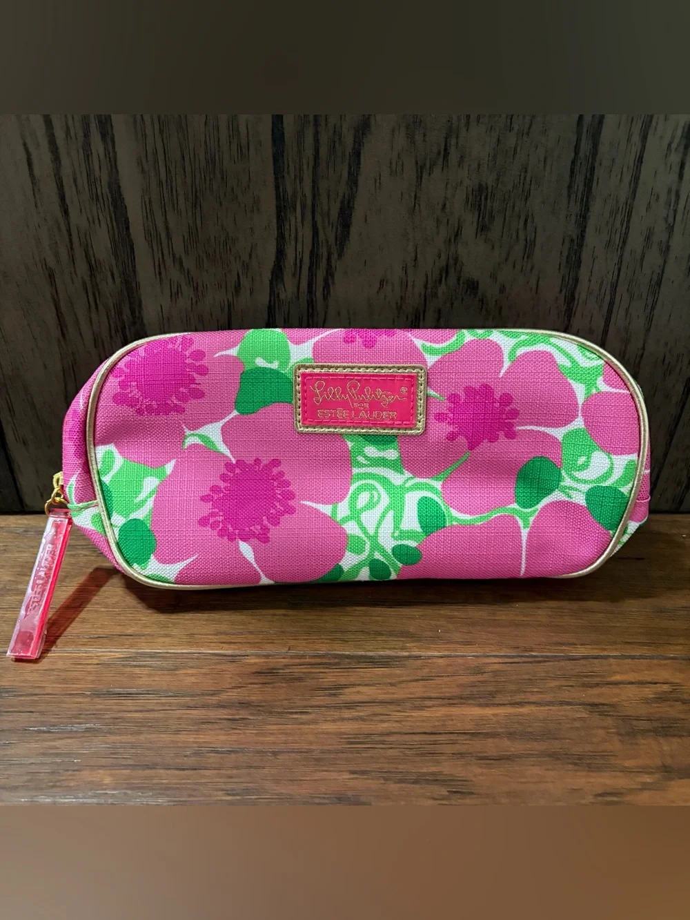 NWT 2 Lilly Pulitzer x Estee Lauder Floral Zip Around Cosmetic Makeup Bag Gold